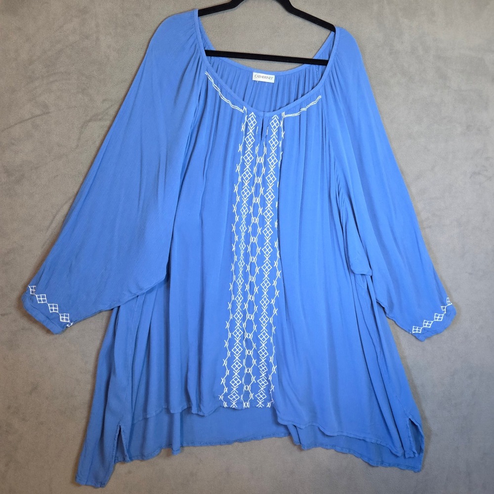 Catherines Tunic Top Women Plus 3X Blue Embroidered Boho Peasant Gauze Flowy
